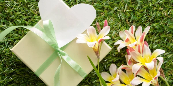 Caja de regalo verde con un arco, nota en blanco para texto y flores, sobre hierba verde . — Foto de Stock