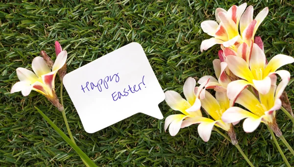 Note in shape of a chat bubble, with words Happy Easter! and flowers on green grass. — Stock Photo, Image