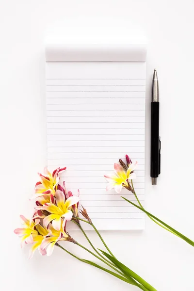 Coloridas flores de primavera, con bloc de notas abierto en blanco para texto y pluma, sobre fondo blanco . —  Fotos de Stock