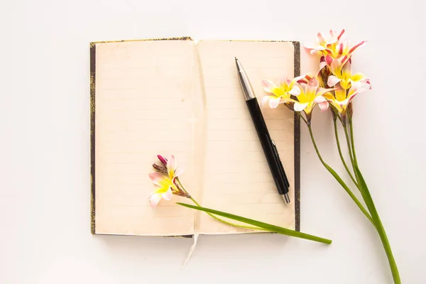 Colorful spring flowers, with blank open diary for text, on white background. — Stock Photo, Image