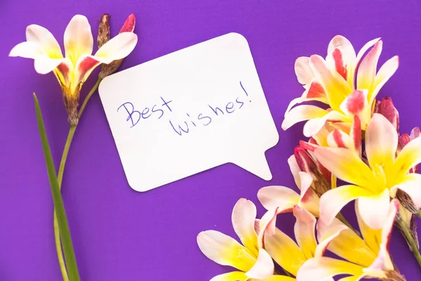 Nota en forma de corazón con las palabras "¡Mis mejores deseos!" con flores en la superficie púrpura . —  Fotos de Stock