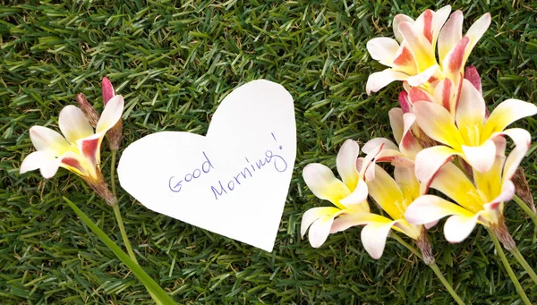 Note in shape of heart with words Good Morning!, with flowers on green grass. — Stock Photo, Image