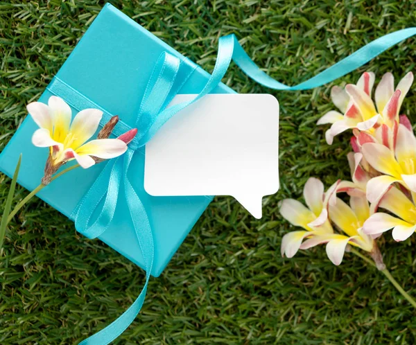 Niebieskie pudełko z kokardą, puste Uwaga do tekstu i kwiaty na zielonej trawie. — Zdjęcie stockowe