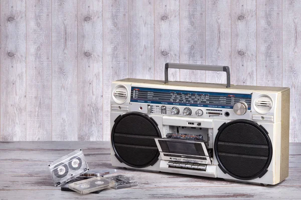 Retro radio-cassette player.Dusty old cassettes.Vintage style . — Stock Photo, Image