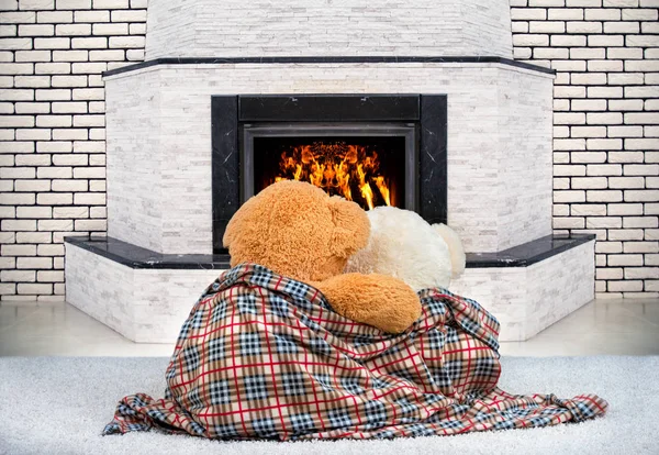 Two Teddy bear hugging and staring at the flame of the fire in the fireplace. — Stock Photo, Image