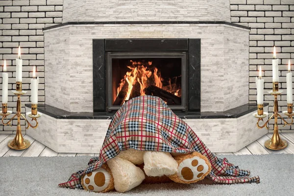 Két Teddy medve átölelve egy takaró alatt. Egy romantikus este a fireplace.love a takaró alatt — Stock Fotó