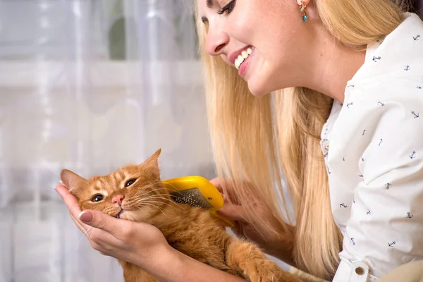 Kadın Kızıl saçlı kedisini penye