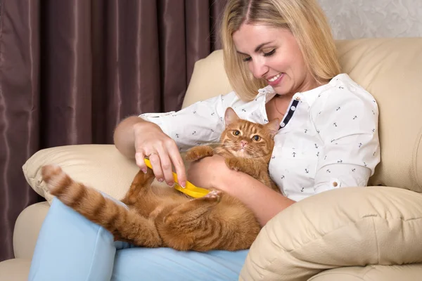 Χτενίζει τη γάτα Κοκκινομάλλης γυναίκα — Φωτογραφία Αρχείου