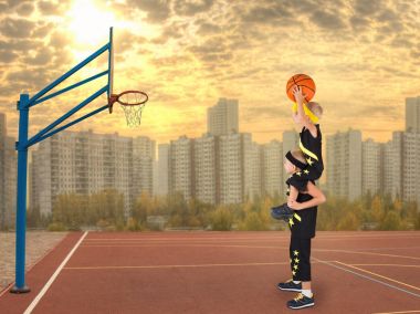 İki kardeş sokakta basketbol oynarken.