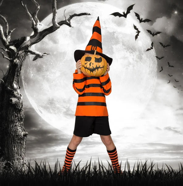 Хэллоуин. Мальчик в костюме с тыквой на голове в ужасном, пустом лесу . — стоковое фото