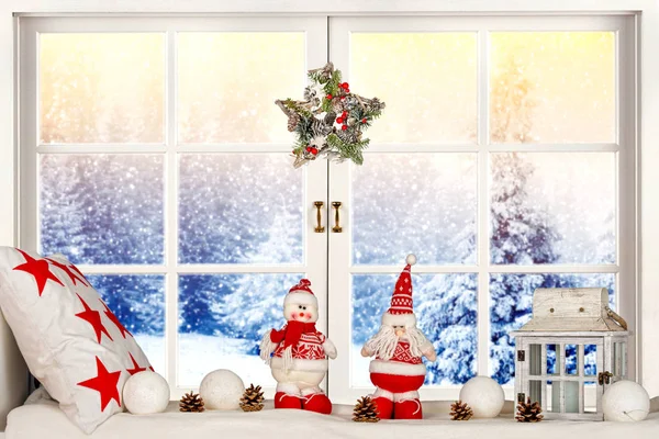 Kellemes Karácsonyi Ünnepeket Boldog Ünnepek Gyönyörű Díszített Karácsonyi Ablak Téli — Stock Fotó
