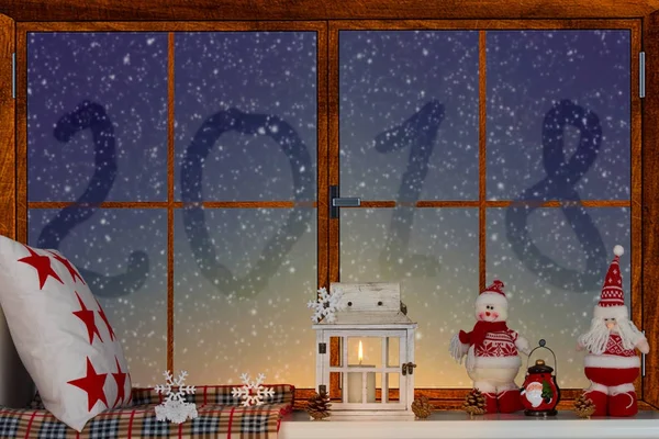 Kellemes Karácsonyi Ünnepeket Boldog Ünnepek Karácsonyi Window 2018 Írt Ablakon — Stock Fotó