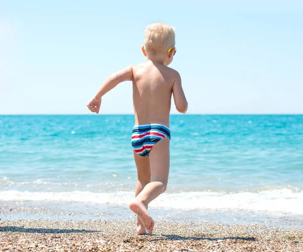 Little Boy Running Swim Sea — Stock Photo, Image