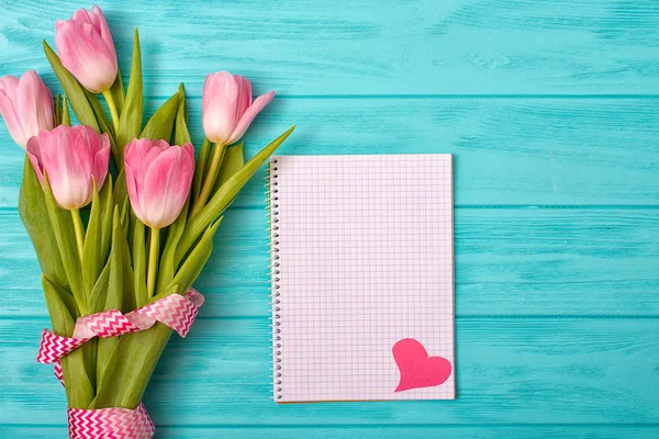 Spring Background Bouquet Tulips Blank Notebook Romantic Entries — Stock Photo, Image
