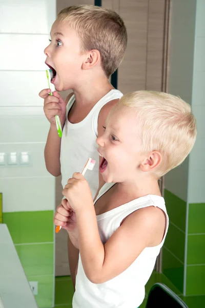 Два Брата Чистят Зубы Ванной Комнате Начало Нового Дня — стоковое фото