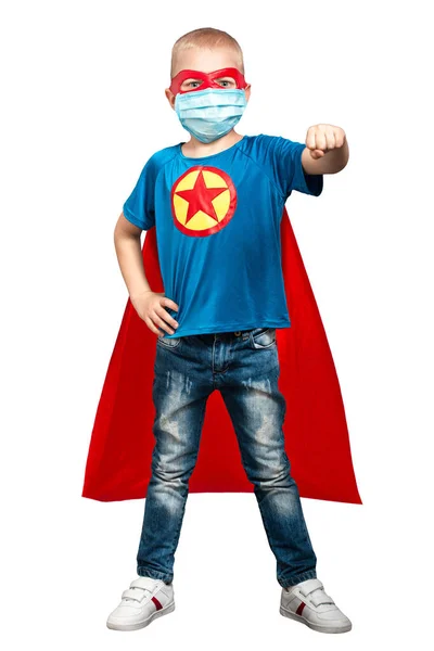 Boy Superhero Ratuje Świat Powieść Koronawirus 2019 Ncov Wirtualna Rzeczywistość — Zdjęcie stockowe