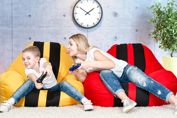 Mother Son Sit Chairs Bags Play Video Games Emotions — Stock Photo, Image