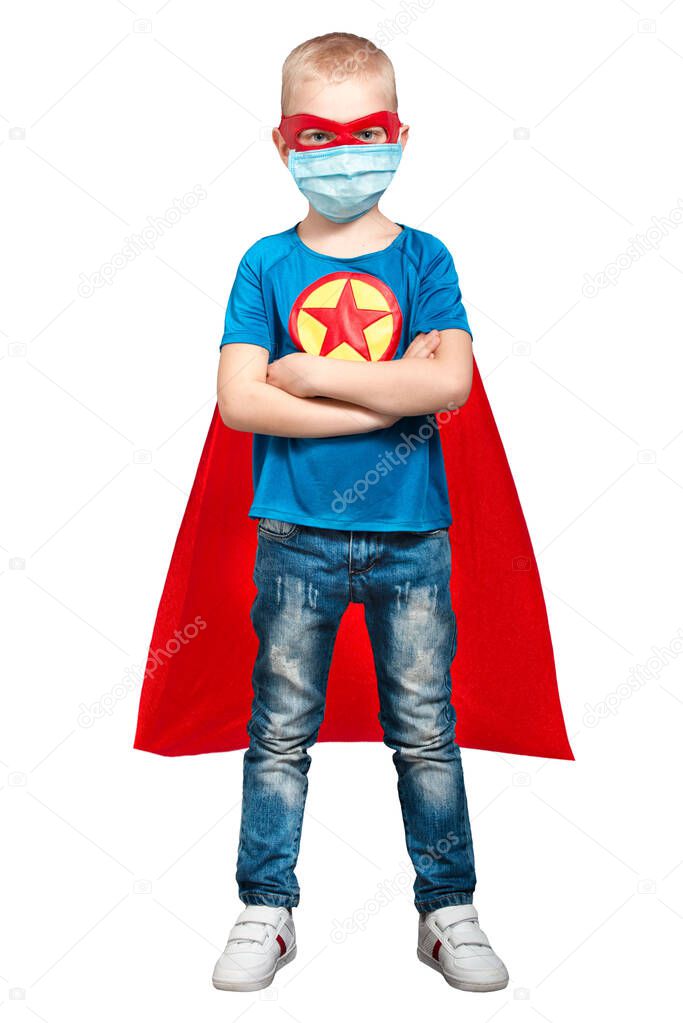 Boy superhero saves the world.Novel coronavirus - 2019-nCoV, Virtual reality, the fight against the virus.Coronavirus outbreak.COVID-2019.The concept of the virus