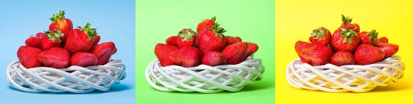 Reife Saftige Erdbeeren Einem Weißen Weidenkorb Vor Buntem Hintergrund Collage — Stockfoto