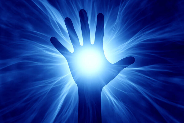 human hand with energy beams
