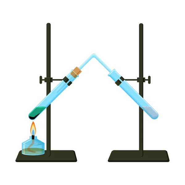 テスト チューブとアルコール バーナーを保持している 2 つの三脚で化学実験. — ストックベクタ
