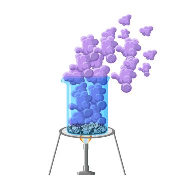 Chemical experiment showing heating beaker with crystals and smoke.Iodine sublimation. clipart