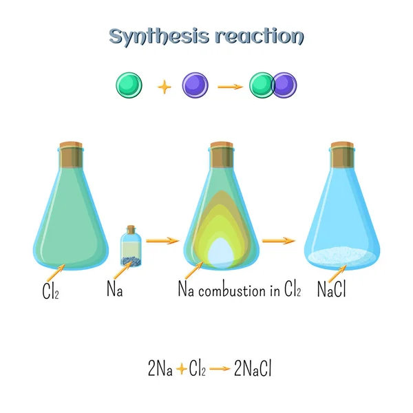Reacción de síntesis - formación de cloruro sódico de metal sódico y gas cloro. Tipos de reacciones químicas, parte 1 de 7 . — Vector de stock
