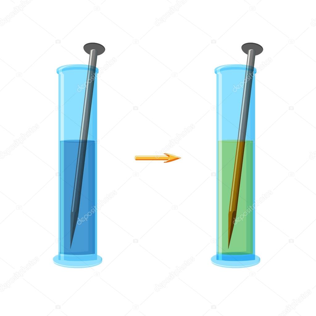 Diagram of chemical experiment shows reaction between metal and salt solution with metallic precipitation and color change.