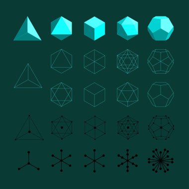 Platonik katılar. Dörtyüzlü, Octahedron, küp, Icosahedron ve Octahedron.