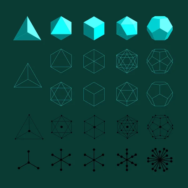 Platonic solids. Tetrahedron, Octahedron, Cube, Icosahedron and Octahedron. — Stock Vector