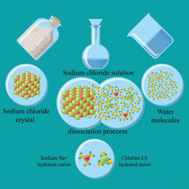 The process of dissociation of table salt, sodium chloride, in water. clipart