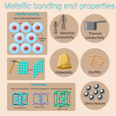 Metallic bonding and basic physical properties of metals and alloys. clipart
