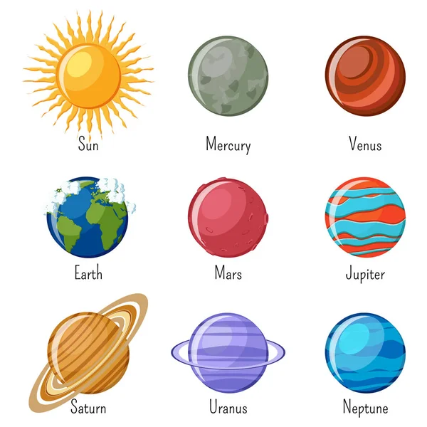 Solar system planets and the Sun with names — Stock Vector