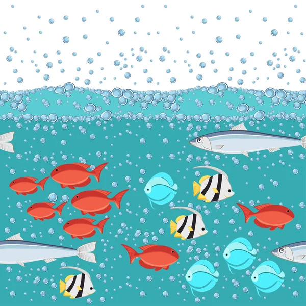 Pesce stile cartone animato nell'oceano con bolle d'acqua 2d modello senza soluzione di continuità . — Vettoriale Stock