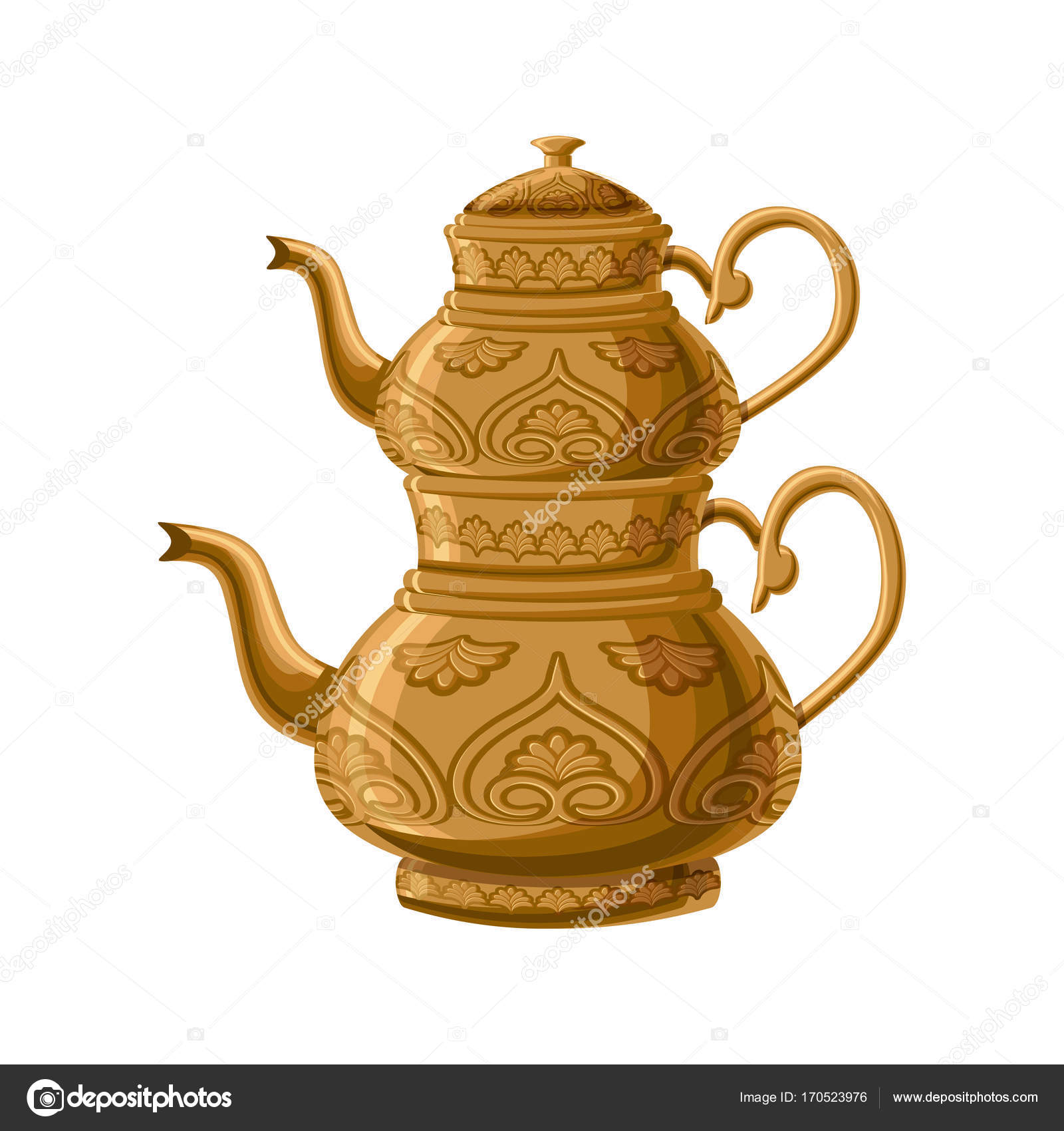 Turkish traditional antique decorated copper teapot with double
