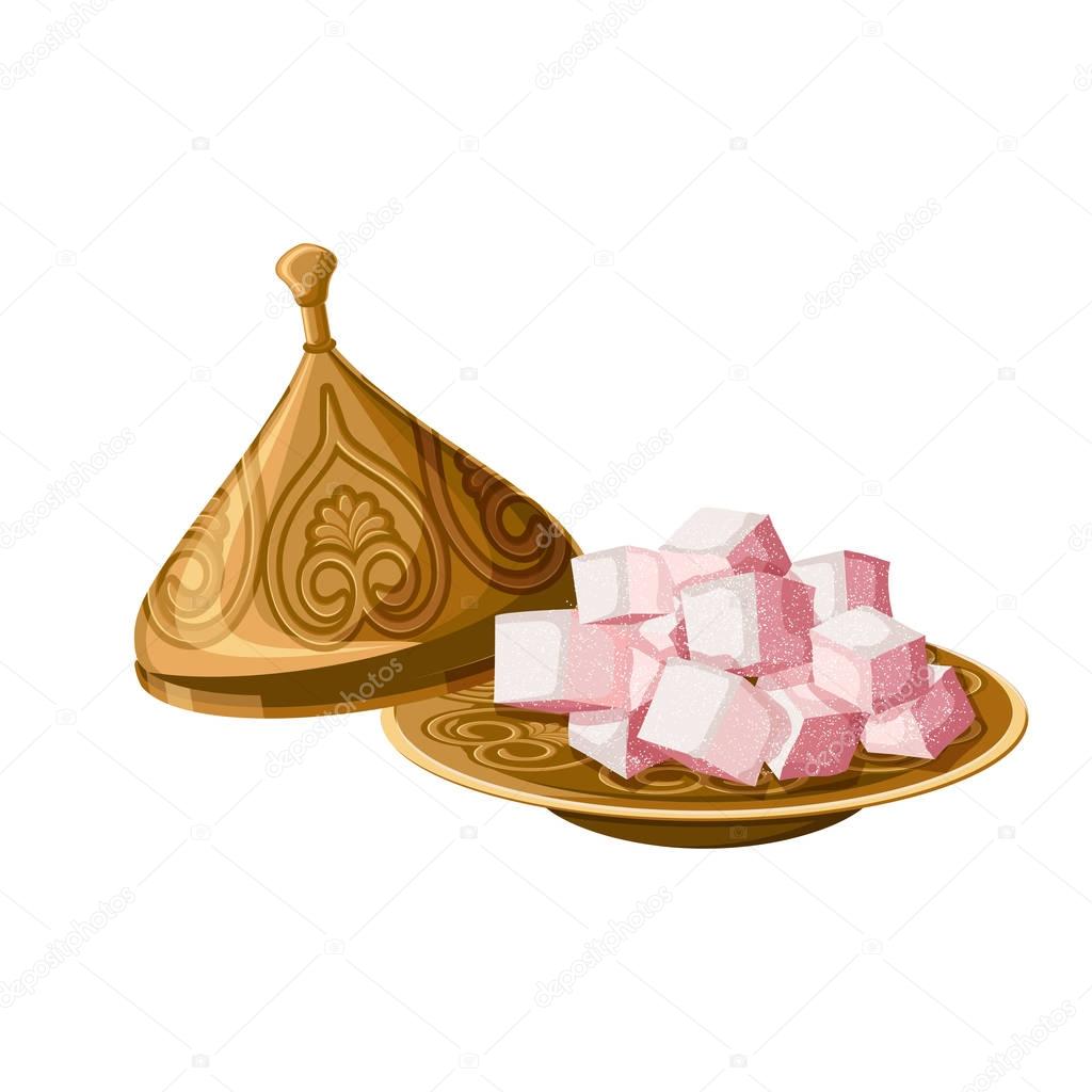 Turkish delight, locum, traditional sweets on decorated copper plate with cap isolated on white background.