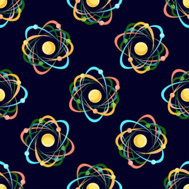 Atom seamless pattern on dark blue background. clipart
