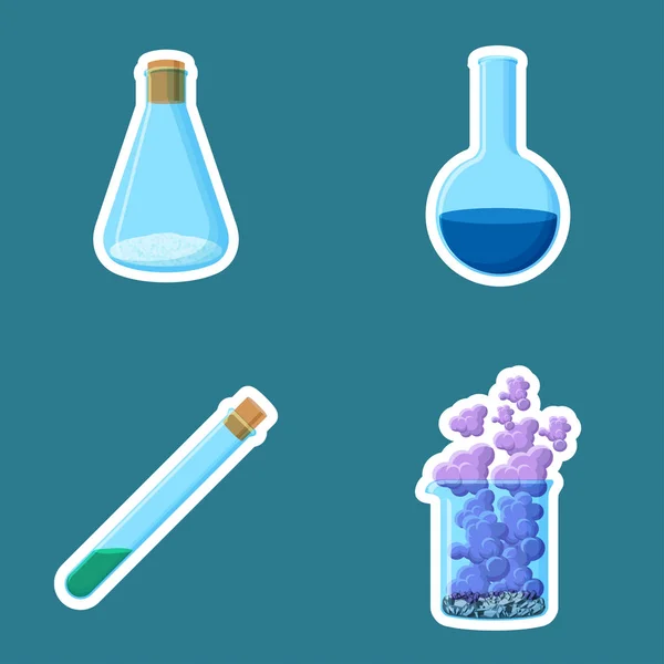 Chemical equipment. Closed cone and open round flasks with powder and liquid, test tube, beaker with crystals and smoke. — Stock Vector