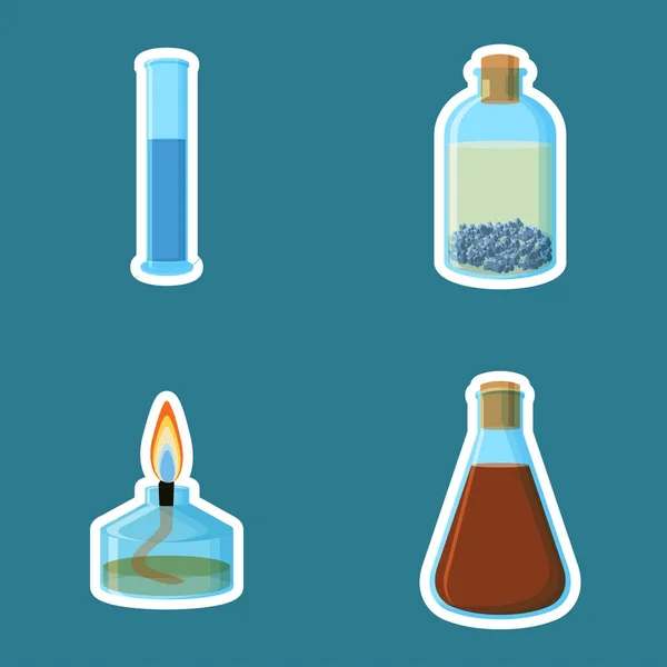 Chemische Ausrüstung. Zylinder mit Flüssigkeit, Flasche mit Metall unter Öl, Alkoholbrenner, Kolben mit Flüssigkeit. — Stockvektor