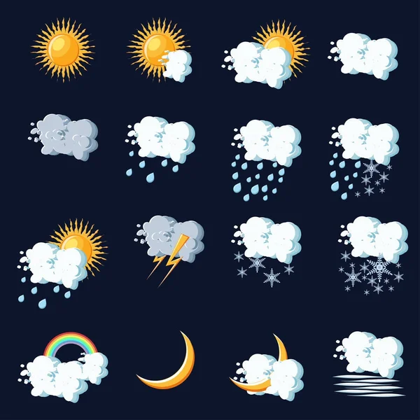 Iconos meteorológicos en estilo de dibujos animados sobre fondo azul oscuro . — Vector de stock