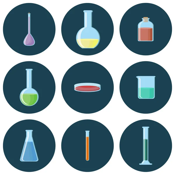 Chemiegläser. Fläschchen, Becher, Röhrchen, Flaschen, Petrischalen mit Ikonen. — Stockvektor