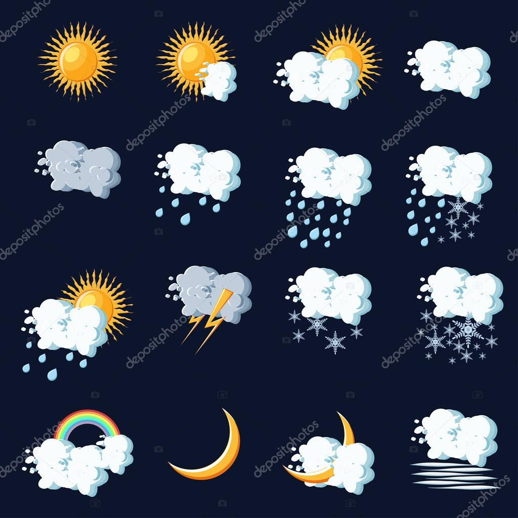 Weather icons in cartoon style on dark blue background.