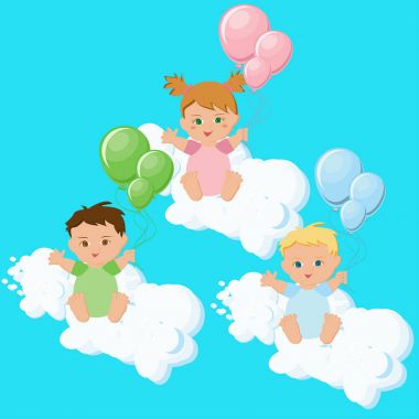 Two boys and a girl sitting on clouds with colorful balloons. clipart
