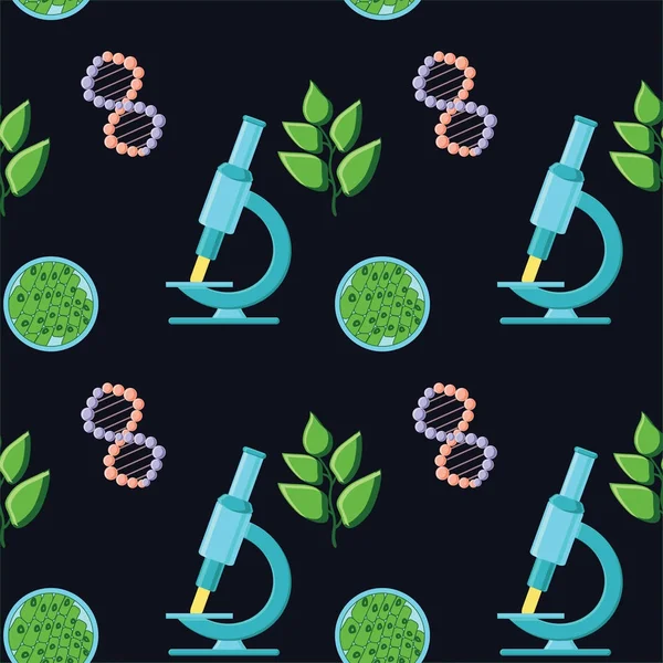 Modèle sans couture sur le thème de la biologie avec microscopes, molécules d'ADN, plantes et structure des feuilles . — Image vectorielle