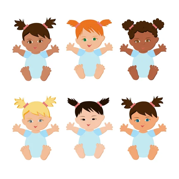 Ensemble de bébés filles multiethniques . — Image vectorielle