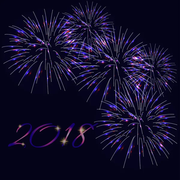 Feliz Año Nuevo 2018 plantilla de tarjeta de felicitación con texto y fuegos artificiales brillantes sobre fondo azul oscuro . — Vector de stock