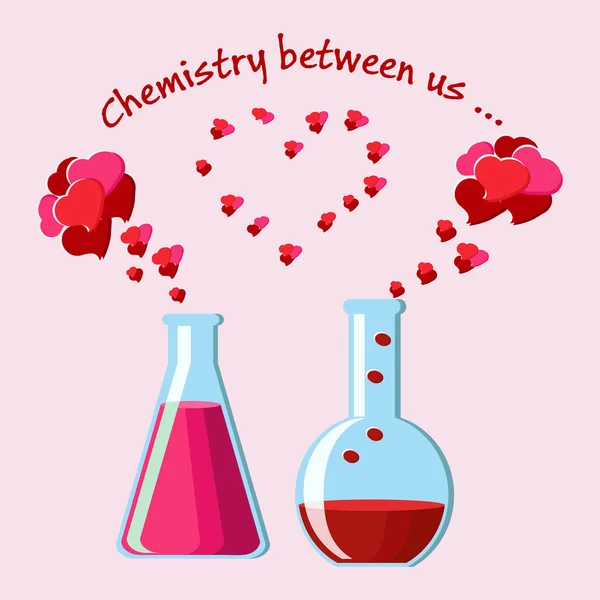 Valentines Day greeting card with two chemical flasks with love potions and evaporating hearts, and text. — Stock Vector