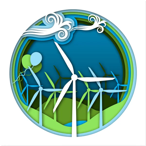 Concepto de energía eólica con aerogeneradores y ballooons sobre fondo verde y azul del paisaje . — Vector de stock