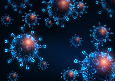 Koyu mavi zemin üzerinde parlak, düşük çokgen HIV, grip veya rotavirüs hücreleri.