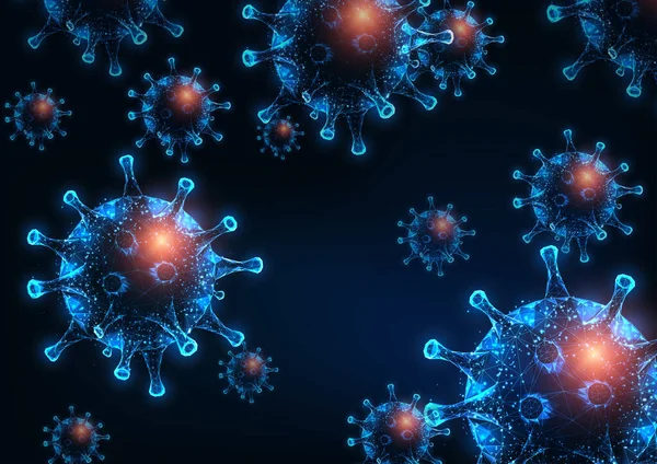 Células hiv poligonales bajas brillantes futuristas, influenza o rotavirus sobre fondo azul oscuro . — Vector de stock